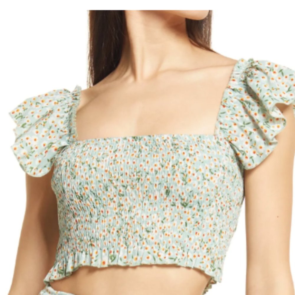 Lulu's Flourishing Dreams Mint Green Floral Print Smocked Crop Top NWT | XL